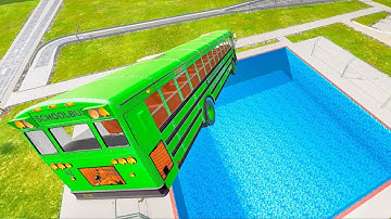 School Bus Down In Swimming Pools – BeamNG Drive Epic BMG Bus Crash Scene