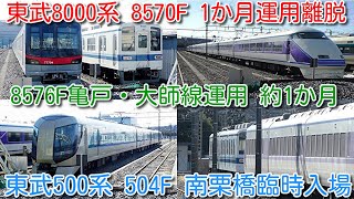 【東武8000系 8570F 1か月運用離脱、8576F亀戸・大師線運用 約1か月 今後の予測】踏切事故 東武500系504F 南栗橋臨時入場、休車100系105Fパン上げ、10030系3編成など撮影