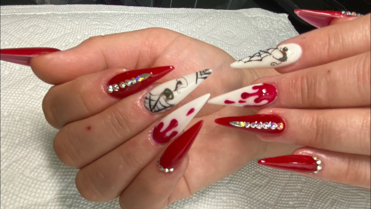 Halloween Nail / Uñas Acrílicas Stiletto Medianas / Sangre / Telaraña /  Stickers - thptnganamst.edu.vn