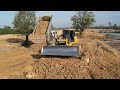 Amazing Action Work Of Bulldozer SHANTUI DH17C2 Moving Land Skill Driving Dump Truck Unloading Dirt!