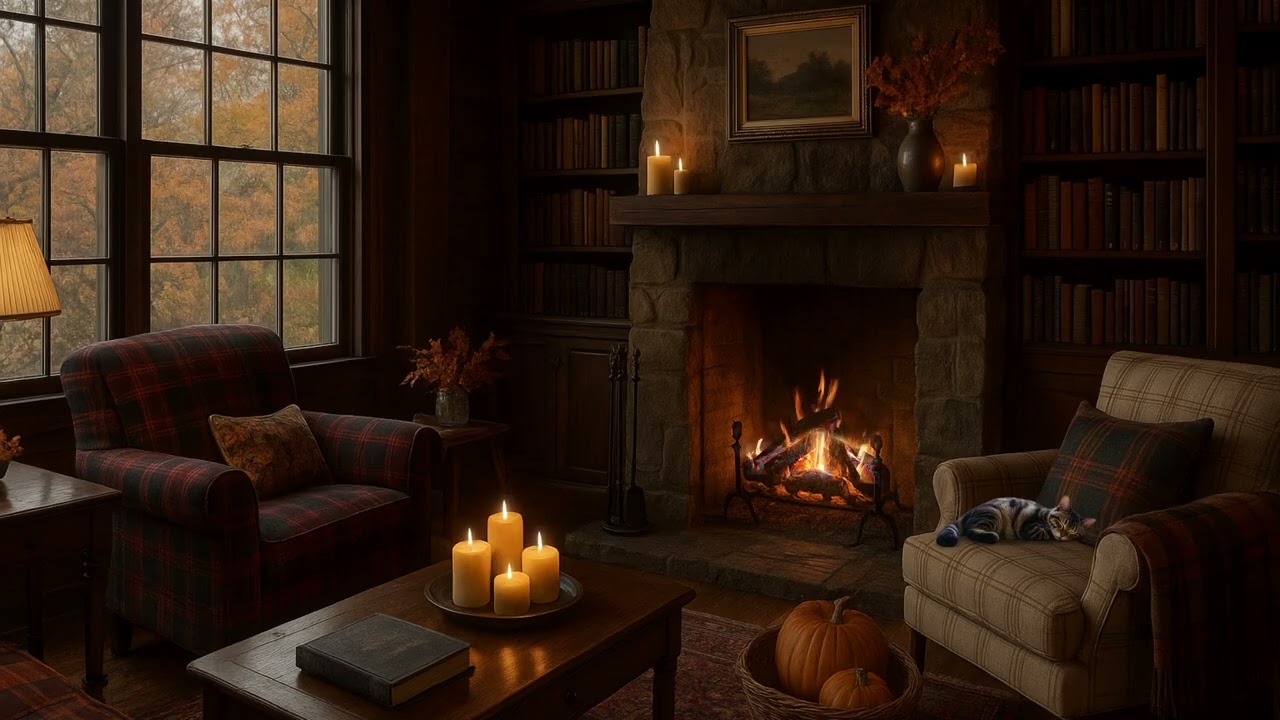 Elegant Rustic Cabin Ambience | Crackling Fire, Books & Autumn Leaves | Relaxing Fall Aesthetic