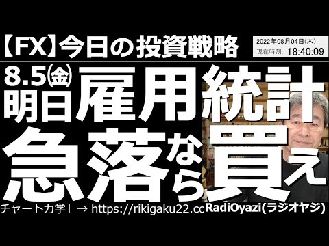 【為替(FX)－今日の投資戦略】明日、８月５日(金)は雇用統計！急落なら買え！　米ドル円は上昇しているが、やや頭が重い。もしも明日の米雇用統計で円高になれば、買いが検討できる。しっかり安値を待ちたい。