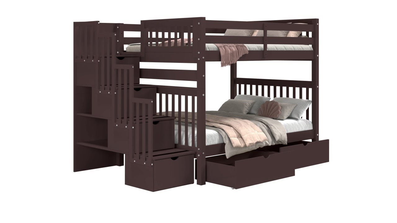 Bedz King BK981 Full over Full Stairway Bunk Beds with 2 Under-Bed Drawers, Dark Cherry - 360