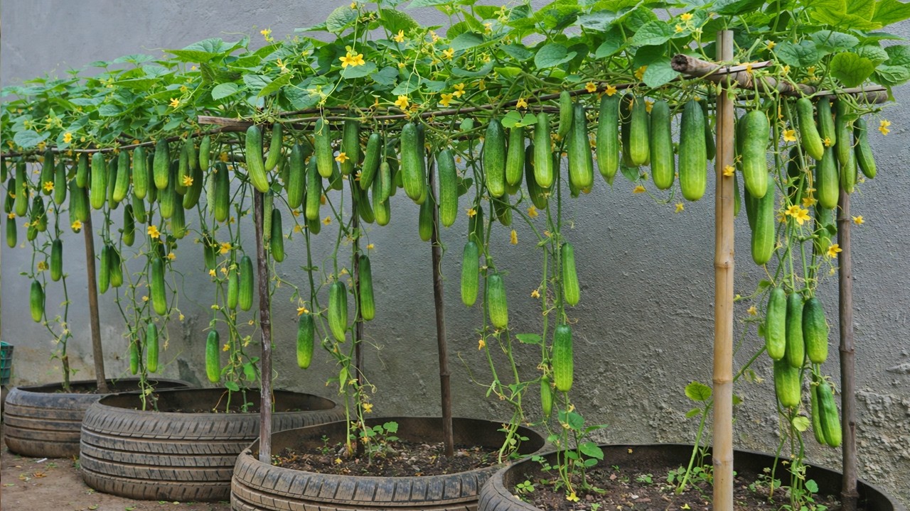 Выращивайте огурцы в автомобильных шинах для круглогодичного сбора урожая.