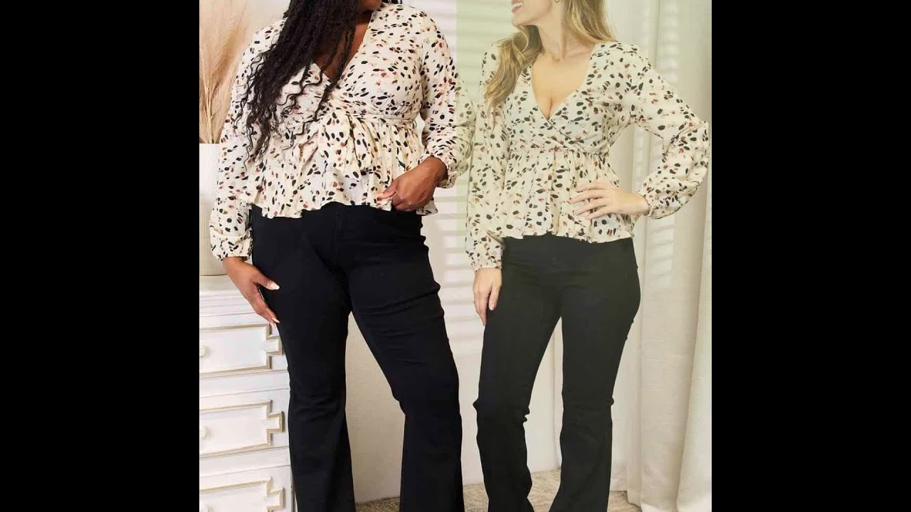 Double Take Printed Tied Plunge Peplum Blouse