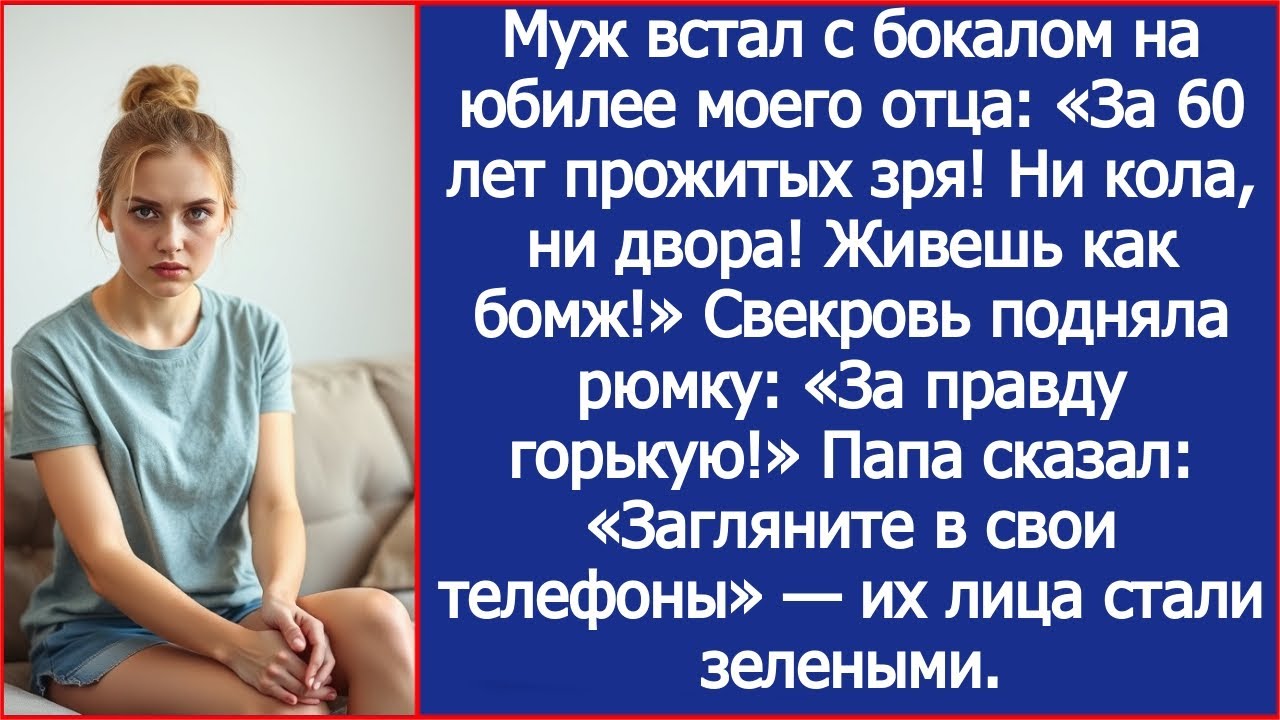 Муж встал с бокалом на юбилее моего отца: За 60 лет прожитых зря! Ни кола, ни двора! Живешь как бомж