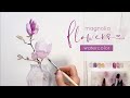 Watercolor Painting - Clear Glass Vase and Magnolia Flowers on a Twig - demo video #10