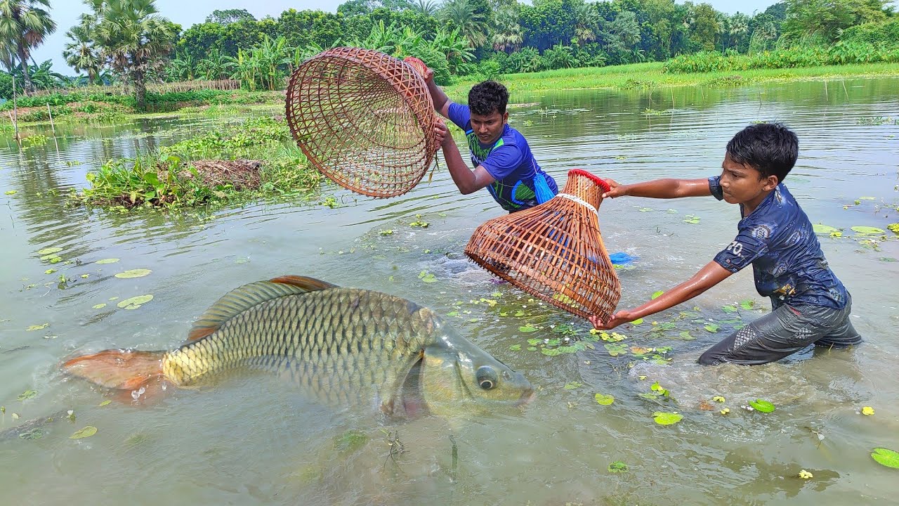Primitive Bamboo Tools Polo Fishing Technique | Amazing Boys Catching Fish With Polo