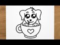 How to draw cute puppy in cup step by step, EASY