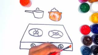 Menggambar Dan Mewarnai Peralatan Dapur Kompor Dan Penggorengan Untuk Anak-Anak