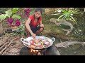 Catch fish in river and Pick Grapes fruit nature, Cooking fish spicy Eating delicious in jungle