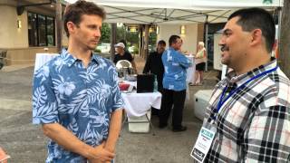 Frank Munden speaks to actor Will Estes in Hawaii.
