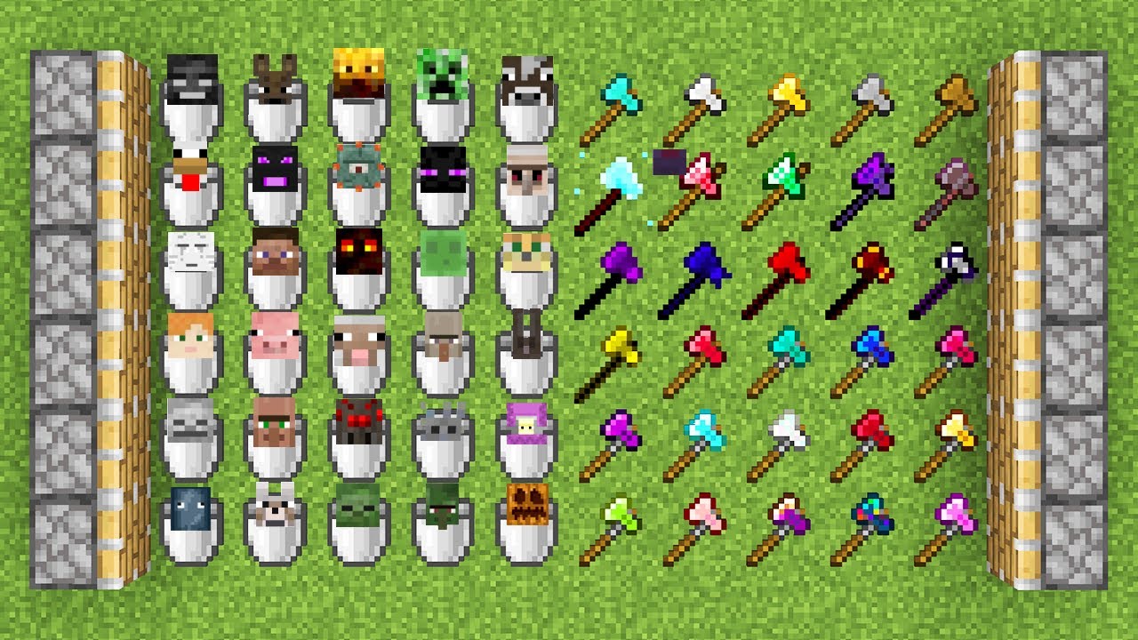 all mobs buckets and x100 minecraft axes combined = ??? - YouTube