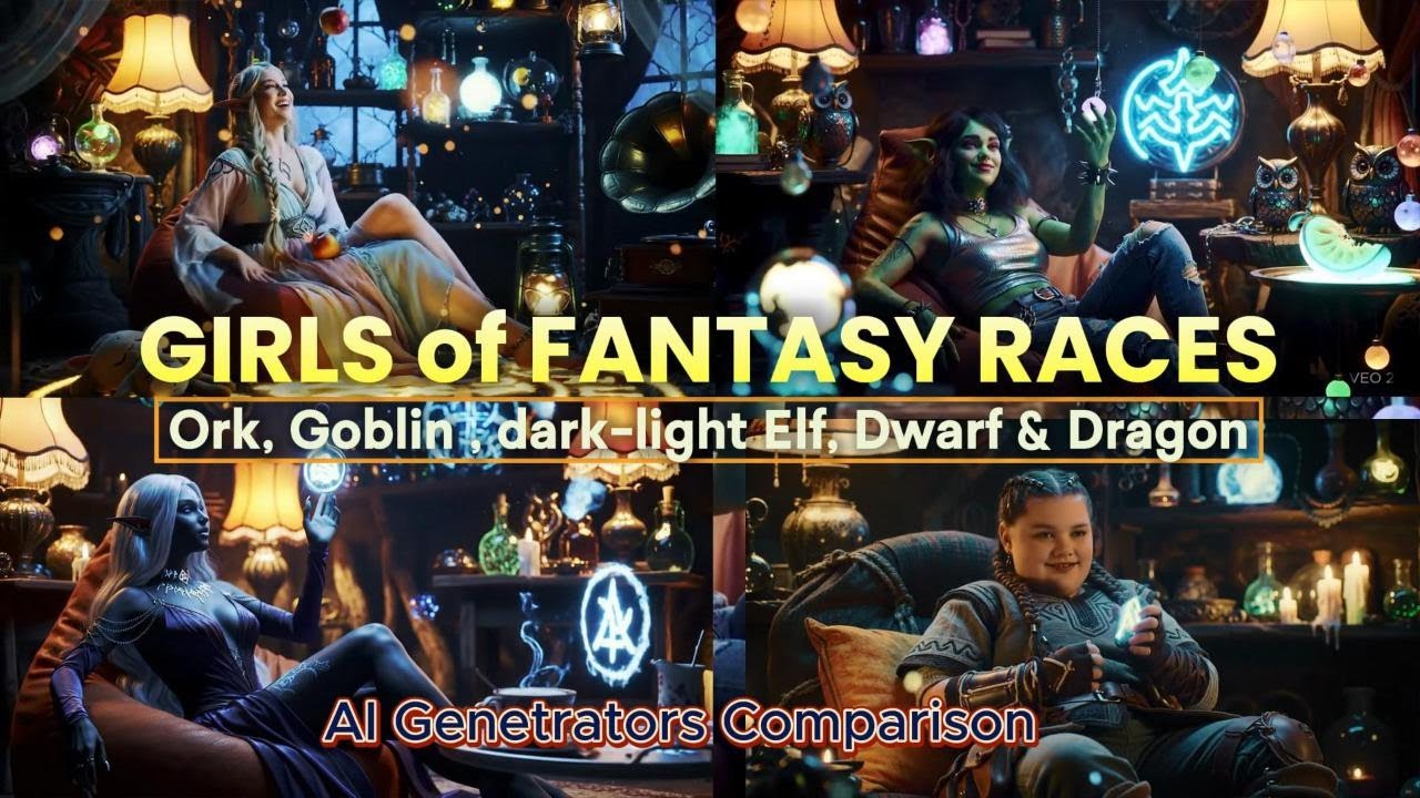 GIRLS of FANTASY RACES (Ork, Goblin , dark-light Elf, Dwarf & Dragon) & AI generators comparison