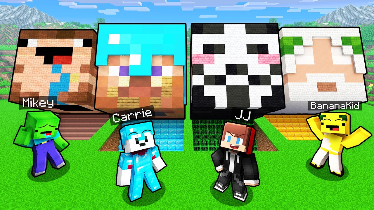 SECRET BASE UNDER GIANT HEAD Challenge: Mikey vs Carrie vs JJ vs Banana Kid in Minecraft - Maizen