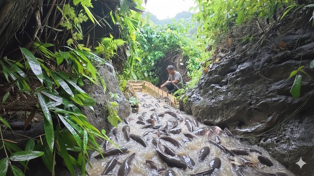Walking in the rain to the wild stream to check the fish traps, rebuilding life from scratch