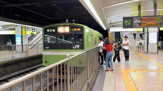 【JR西日本・天王寺駅】電車進入時ホーム柵にもたれかかる乗客達に、大和路線201系の怒りの警笛　2023/8（4K HDR 60fps）