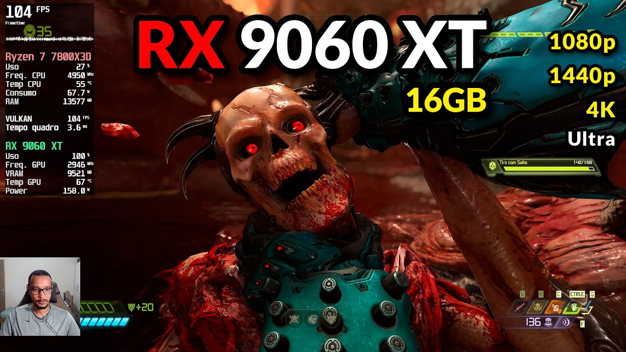Doom Eternal na RX 9060 XT 16GB em 1080p, 1440p e 4K