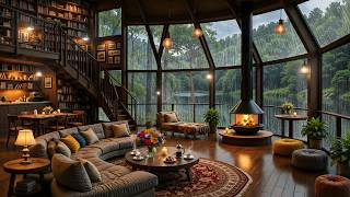Quiet Forest Fireplace Cabin 🔥 Cabin Ambience with Soft Jazz & Rain Sounds by the Fireplace screenshot 3