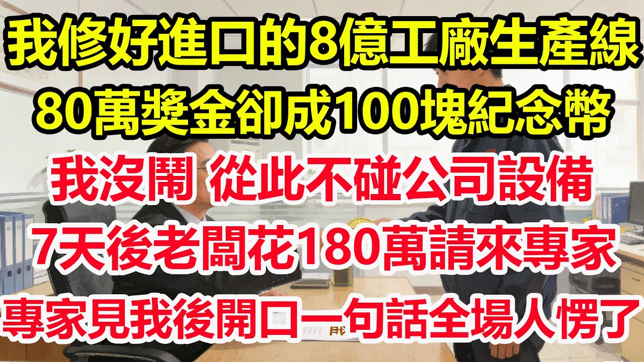 我修好進口的8億工廠生產線，80萬獎金卻成100塊紀念幣，我沒鬧，從此不碰公司設備，7天後老闆花180萬請來專家，專家見我後開口一句話全場人愣了#情感 #爽文 #職場 #生活 #總裁