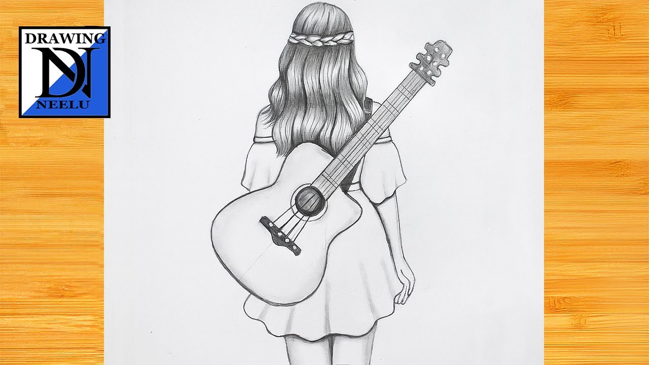 How to draw Guitar with girl Pencil sketch for beginner Easy