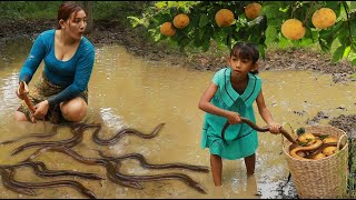 Pick Santol fruit and catch eel in water muddy- Mother cooking eel spicy taste delicious for dinner