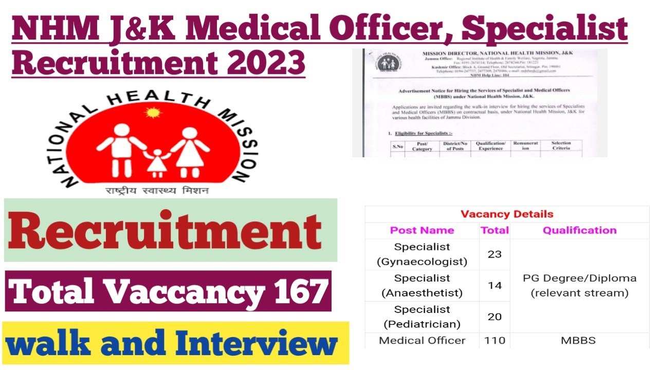 NHM J&K Medical Officer, Specialist Recruitment 2023 – Walk in for 167 Posts