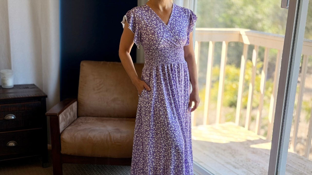 Floral Maxi Wrap Dress Review – Flutter Sleeve V-Neck A-Line with