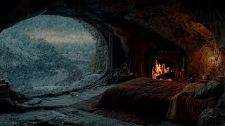 Calm Fireplace Winter Ambience | Snowstorm Blizzard Wind Sounds For Sleeping, Relaxing in a Cave