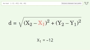 Find the distance between two points p1 (-12,-85) and p2 (-36,-86): Step-by-Step Video Solution