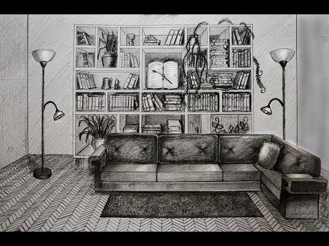 How To Draw Living Room With Sofa And Books One Point