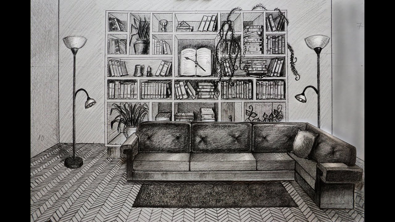 How To Draw Living Room With Sofa And Books One Point