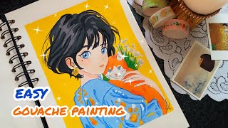 Paint a Beautiful Girl with an Orange Cat || Easy Gouache Tutorial for Beginners