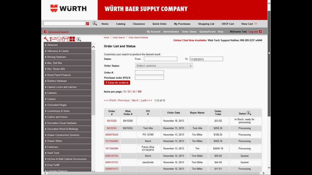 Würth Baer Supply Website Order List and Status Screen HowTo YouTube