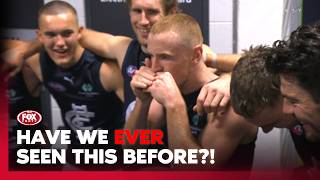 'Old Dark Navy Blues' harmonica edition 🎶 Carlton's Cottrell leads unique team song 😂 | Fox Footy
