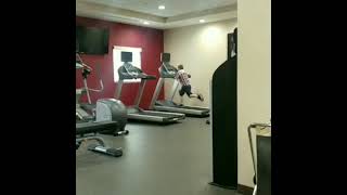 Boy runs on treadmill at full speed and falls off