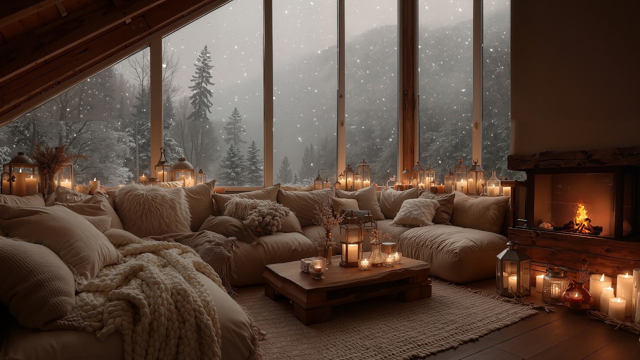 Snowfall at Midnight in a Cozy Forest Cabin ❄️ | Soft Piano & Fireplace Ambience for Work & Study