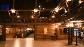 Inside the Old Faithful Inn lobby and view of clock Yellowstone National Park 2015