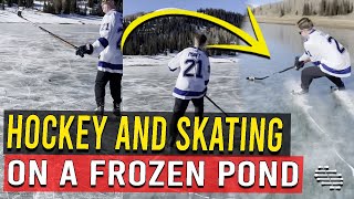 Guy Playing Hockey and Skating on a Frozen Pond While Wearing a Uniform