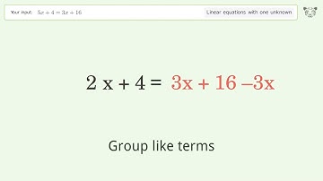 Linear equation with one unknown: Solve 5x+4=3x+16 step-by-step solution