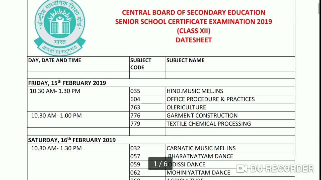 CBSE CLASS 12 EXAM TIME TABLE 2019 | DATE SHEET | ALL SUBJECTS | 