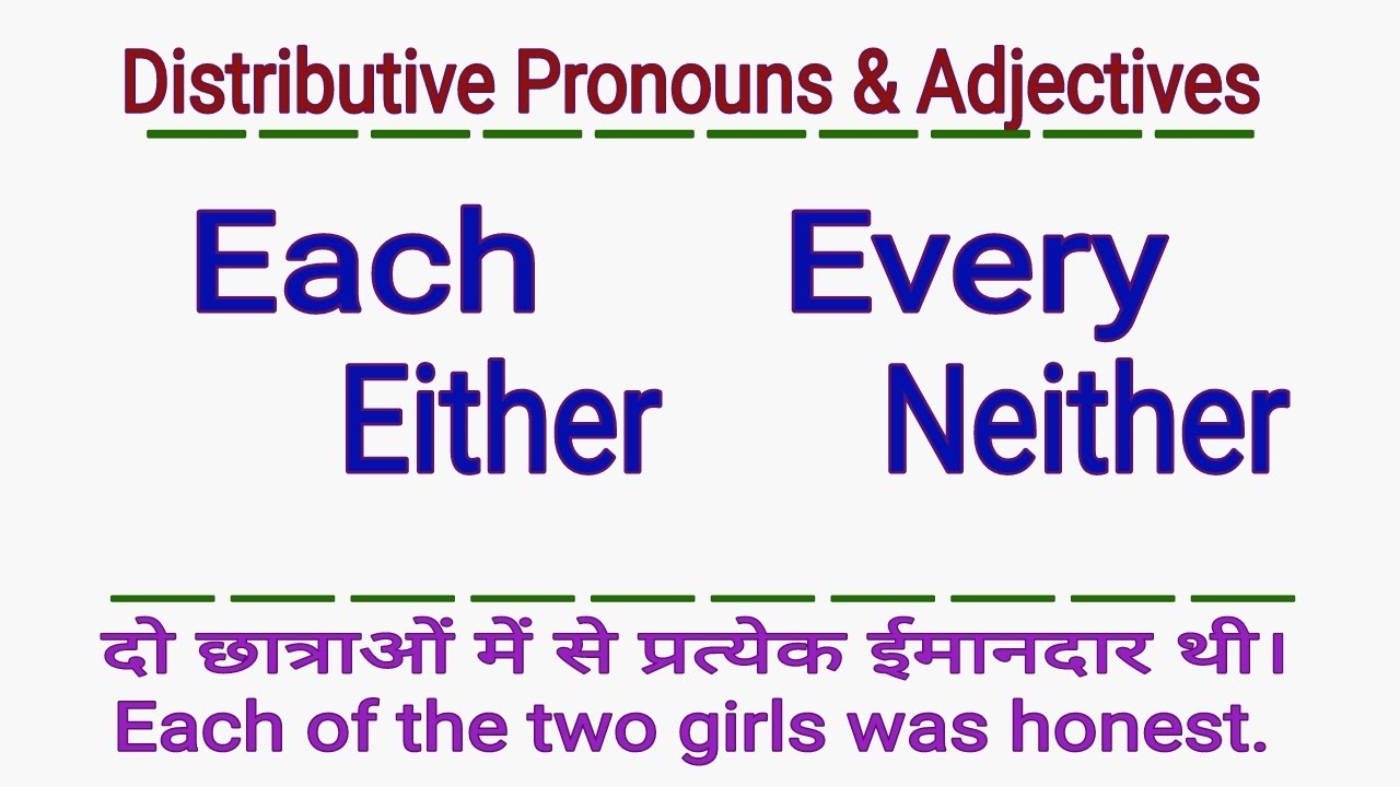 DISTRIBUTIVE PRONOUNS AND ADJECTIVES EACH EVERY EITHER NEITHER IN ENGLISH GRAMMAR IN HINDI