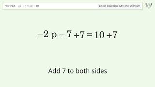 Linear equation with one unknown: Solve 3p-7=5p+10 step-by-step solution