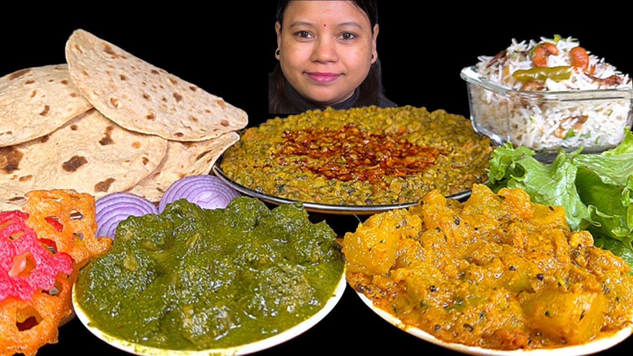 EATING TADKA ROTI, PALAK SOYACHUNKS, GHEE RICE, MIX SABJI & PAPAD SALAD | EATING SHOW | ASMR MUKBANG