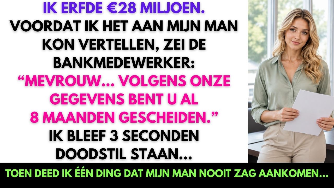 De bankmedewerkster keek op van haar scherm en zei achteloos: “Mevrouw van der Berg, volgens onze gegevens bent u al acht maanden gescheiden.” Mijn hart stond stil. Ik was net langs geweest om de...