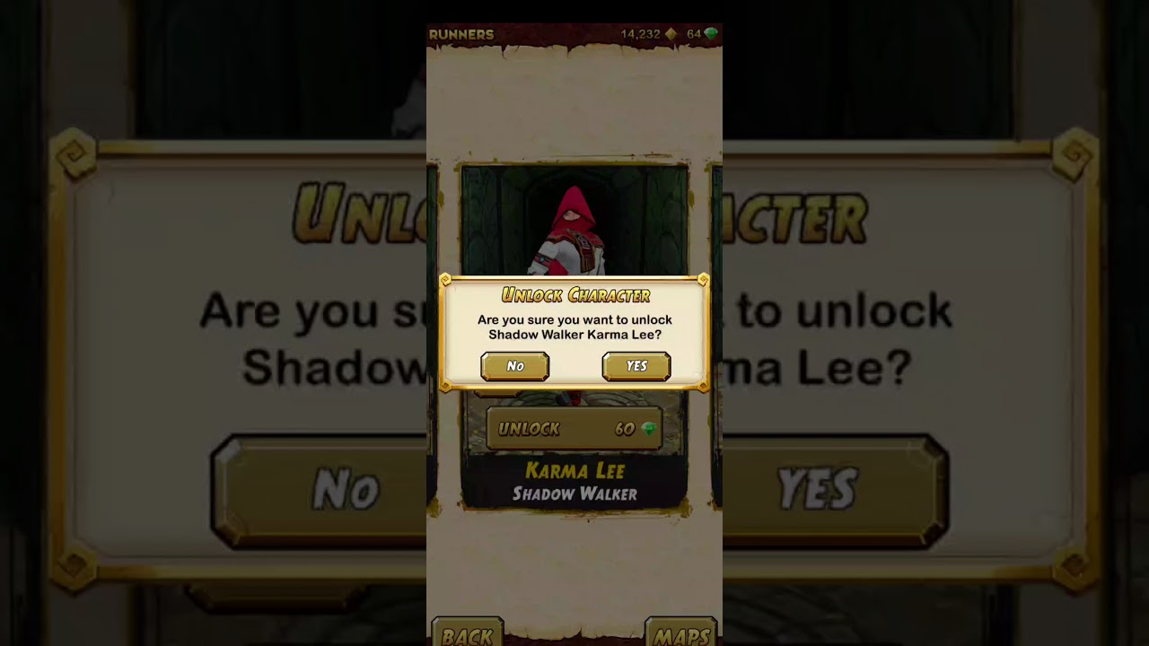 Purchasing Karma Lee Shadow Walker in 60 Gems - Temple Run 2