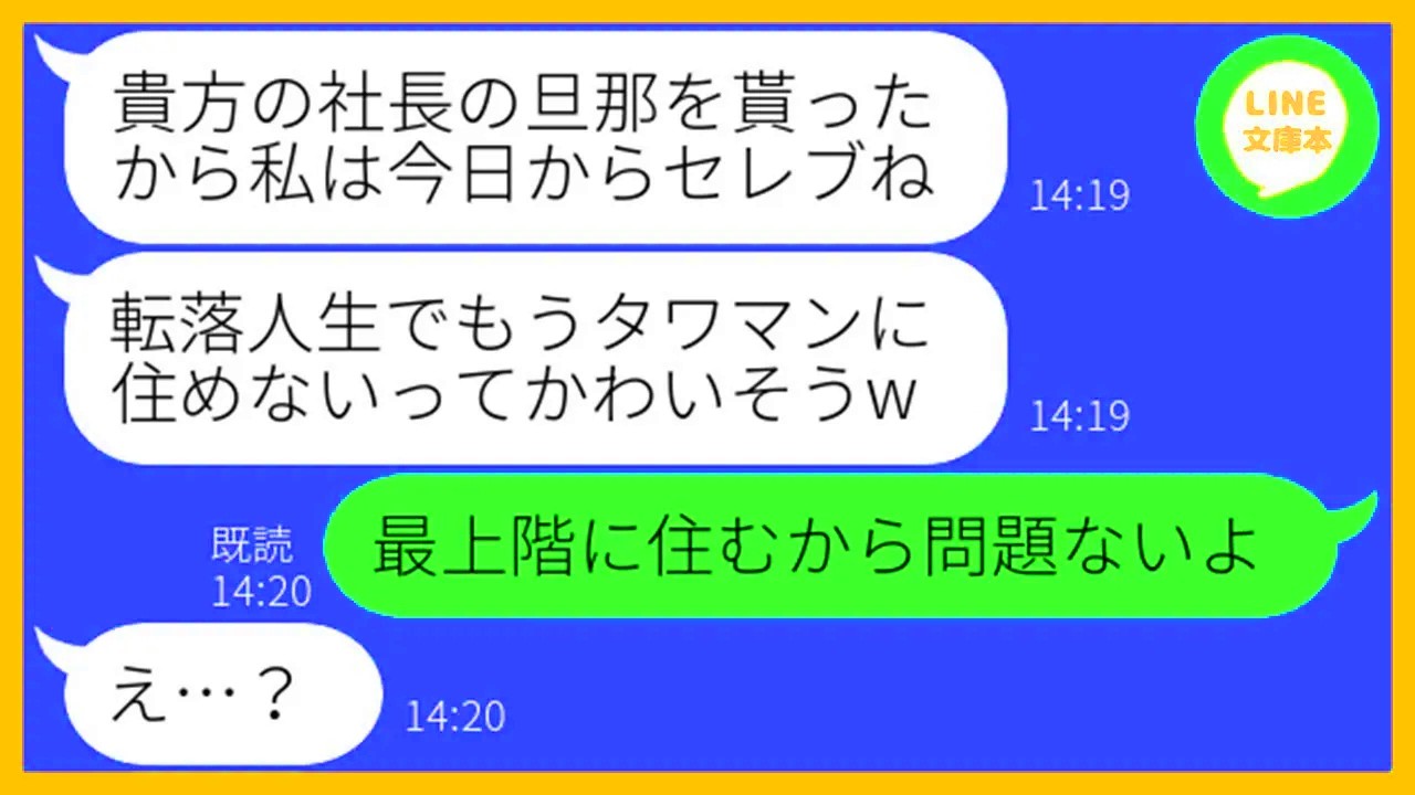 【LINE】高級タワマン39階に住む私を妬んで旦那を奪ったママ友「離婚して出てってねw」セレブ生活に浮かれるDQN女にある衝撃の事実を伝えた時の反応が…ww【スカッとする話】【総集編】