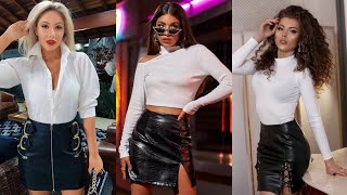 Latest and stylish tight leather mini skirts outfit  for women's || Leather Skirt with White Blouse