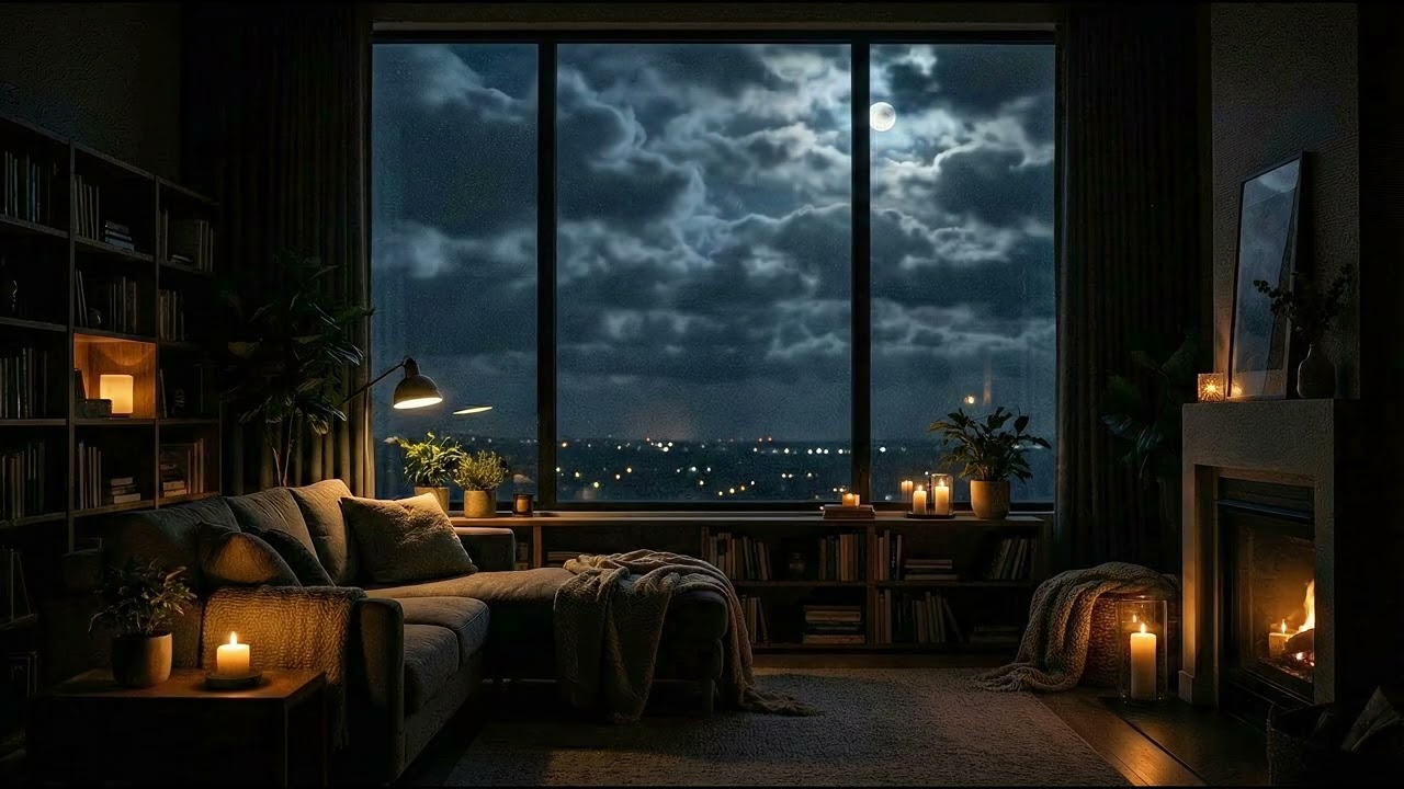 Deep Sleep Ambience in a Dark Cozy Room 🌙 Cloudy Night Sky & Wind. Music for Insomnia Relief ☁️