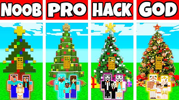 Minecraft: FAMILY CHRISTMAS TREE HOUSE BUILD CHALLENGE - NOOB vs PRO vs HACKER vs GOD in Minecraft